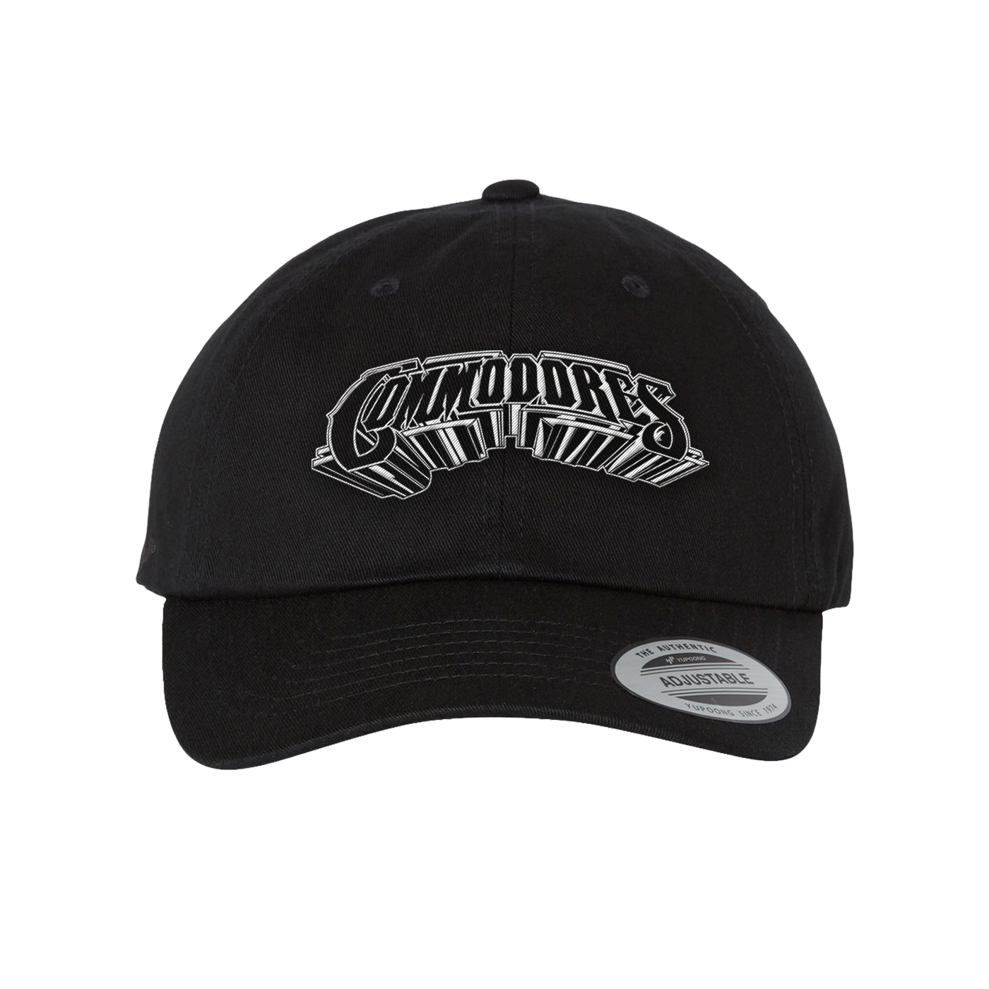 A black baseball cap featuring a stylized white embroidered logo on the front that reads 'Commodores'. 